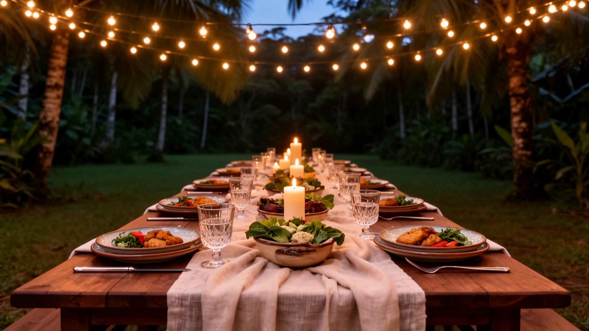 Candlelit Shabbat dinner under string lights